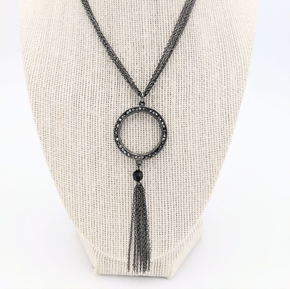 Gunmetal chain tassel and circle necklace